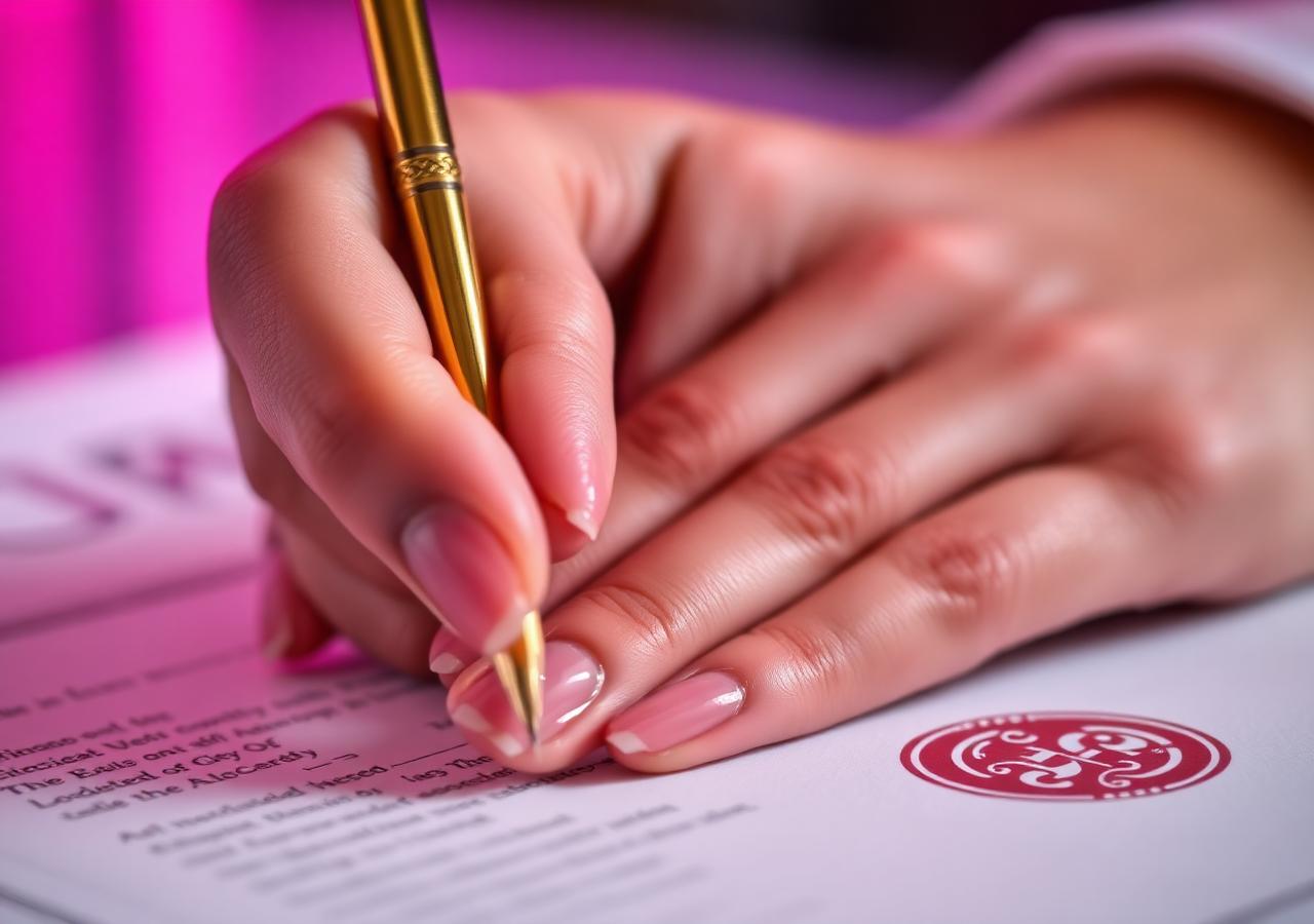 Notary signing a document with a gold pen